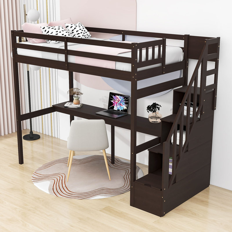 Twin Size Wooden Loft Bed With Built-In Desk And Storage, Espresso
