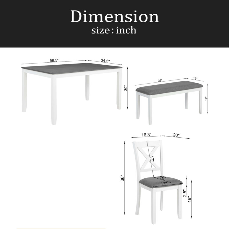 Ensemble de table de salle à manger 6 pièces avec banc, ensemble de table à manger en bois pour 6 personnes, ensemble de table à manger moderne pour 6 personnes pour la salle à manger, cuisine, gris et blanc deux tons