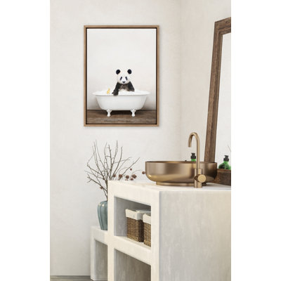 Panda Waving in Rustic Bath by Amy Peterson Framed Canvas Wall Art Print
