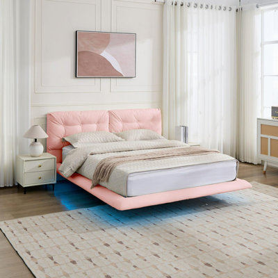 Cadre de lit flottant pour grand lit avec lumières DEL, lit plateforme en cuir d'unité centrale avec tête de lit capitonnée, assemblage facile, aucun sommier tapissier requis, rose