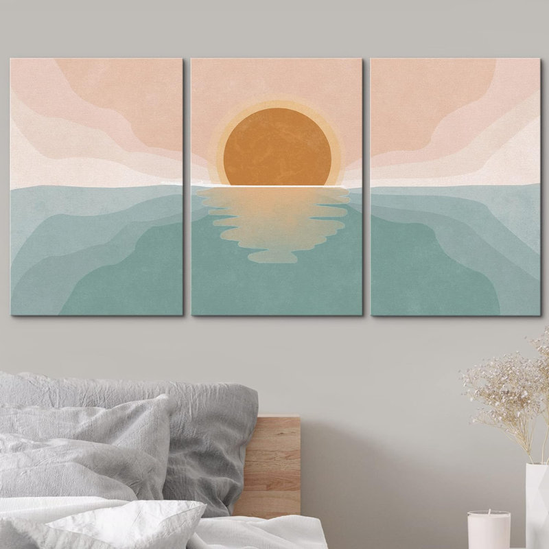 «Pastel Mountain Range Forest Dawn», reproduction sur toile 3 pièces, H 36 po x l 72 po, Toile tendue, Sans cadre