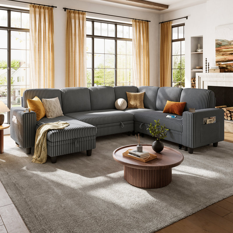 Sherry 106" Upholstered Modular Sectional with Sotrage Ottoman & USB Charging, Milo Gray Corduroy
