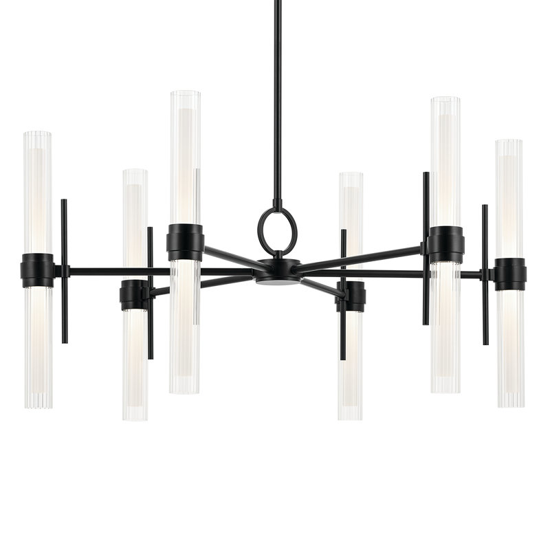 33 Inch LED 12 Light Chandelier with Clear Fluted Glass, Satin Black
