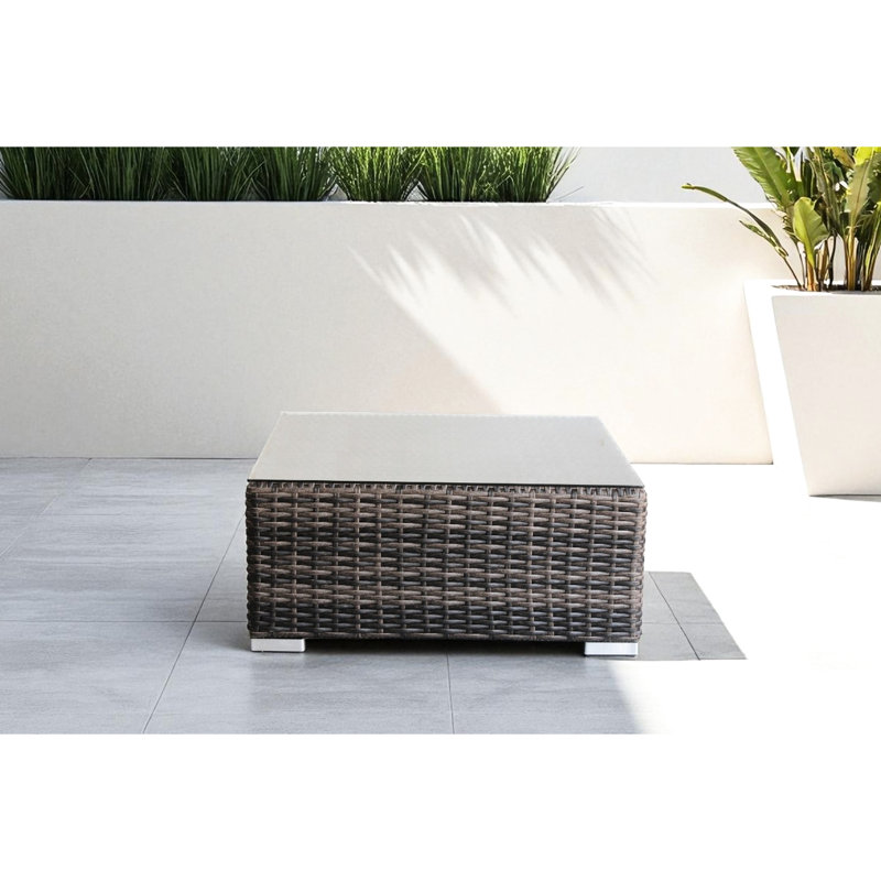 Table basse d'extérieur carrée en brun, surface en verre trempé, structure en aluminium toutes saisons, carré de 28 po, 20 lb, table facile à déplacer, plateau, aluminium, propre, sans assemblage
