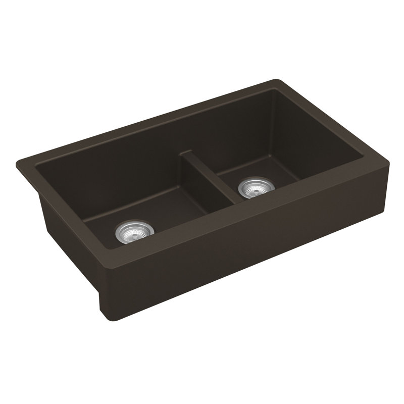 Karran Quartz 34'' X 21-1/4'' Double Bowl 60/40 Retrofit Farmhouse/Apron Front Kitchen Sink Kit, Brown