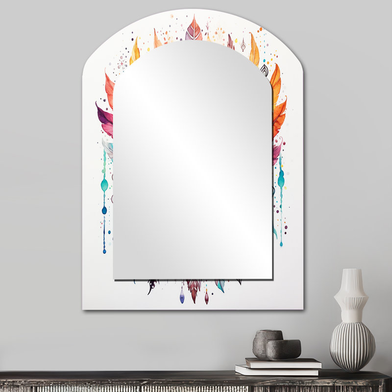 Orange et bleu Boho Dreamcatcher aquarelle - grand miroir mural asymétrique, miroir décoratif arqué bleu, impression sur métal