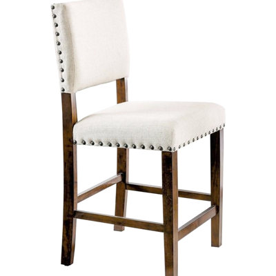 Chaises de salle à manger à hauteur de comptoir industrielle 2 pièces, tissu rembourré avec coussin en lin rembourré et garniture cloutée éblouissante, chaises en bois de cerisier brun massif pour pièce 2 pièces, attrait, bois, revêtement charma