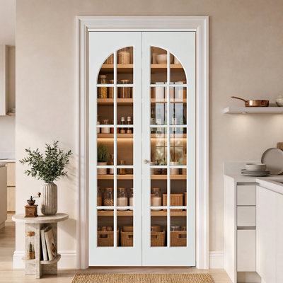 30" x 80" 10-Lite Tempered Clear Glass Bifold Door, Arched Style with Solid Core and White Water-Based Finish for Closet, Pantry and Laundry Room, Hardware Kit Included