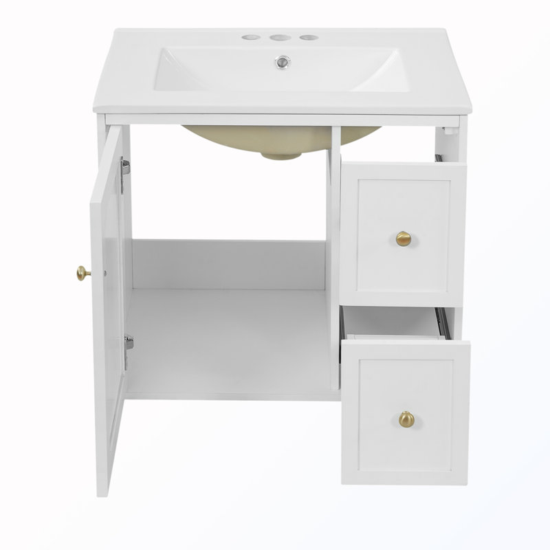 Ensemble de meuble-lavabo mural avec lavabo en céramique, 2 tiroirs et 1 porte à fermeture en douceur, Blanc