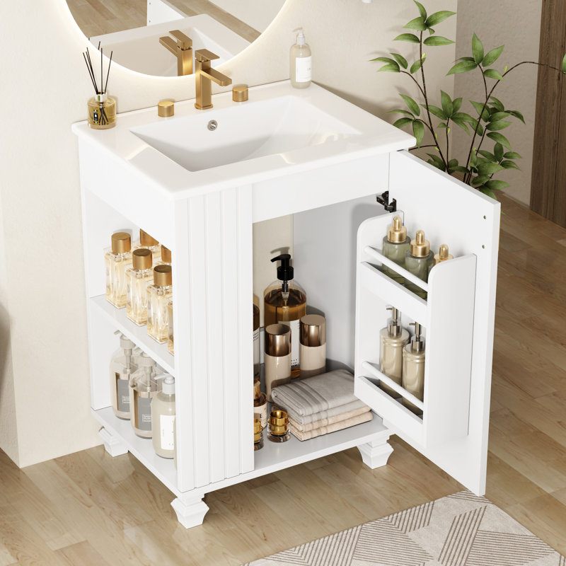 Meuble-lavabo blanc 24 po avec lavabo en céramique lisse, cadre, porte à fermeture en douceur, rangement latéral ouvert, étagère à 2 niveaux, quincaillerie élégante en bois massif rétro classique, espace sous l'évier, trop-plein de finition