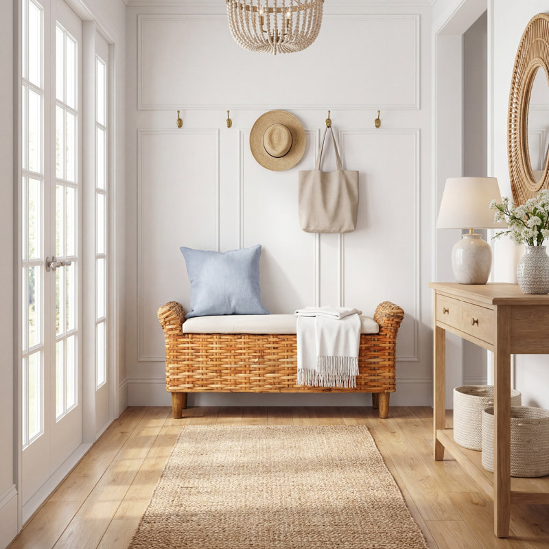 Banc avec revêtement, Coussin blanc / structure naturelle