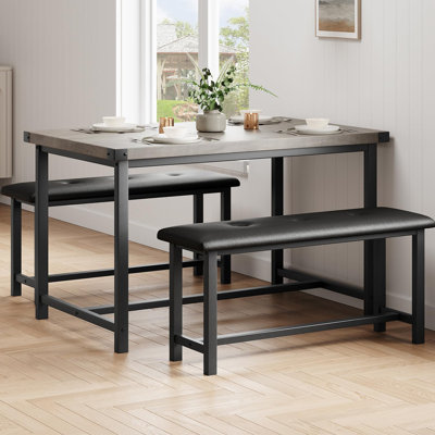 Dining Table Set For 4, Kitchen Table With Upholstered Benches, Rectangular Room Dining Table Set, 3 Piece Kitchen Dinner Table Set For Small Space, A