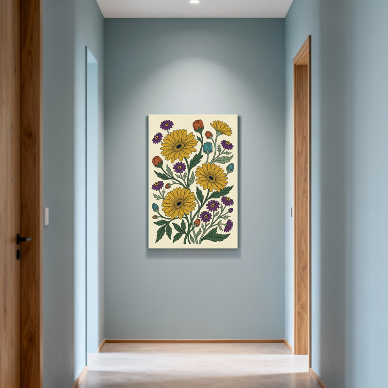 Plantes et fleurs avec motif floral jaune et mauve, H 30 po x l 20 po