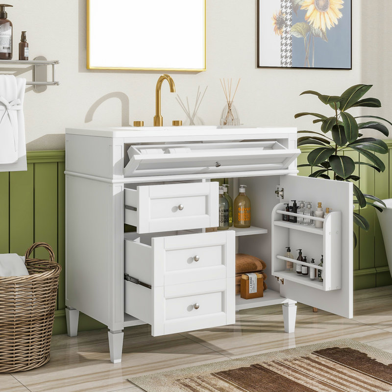 Meuble-lavabo moderne avec lavabo 36 po, 2 tiroirs et tiroir coulissant, configuration fonctionnelle, White