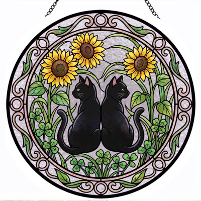 Panneau de vitrail Black Cats Sunflowers - 7,8H