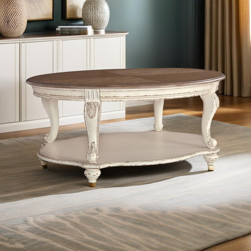 Table basse ovale, blanc éclaté et finition brune