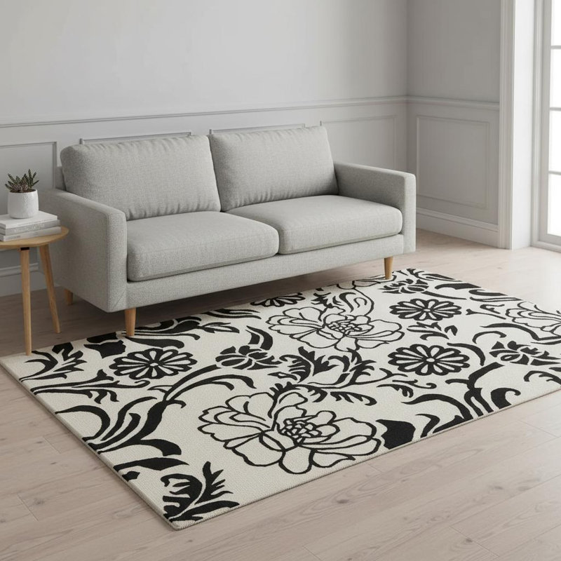 Tapis floral en laine touffeté à la main à motif floral noir et crème Medford, 5 pi x 7 pi