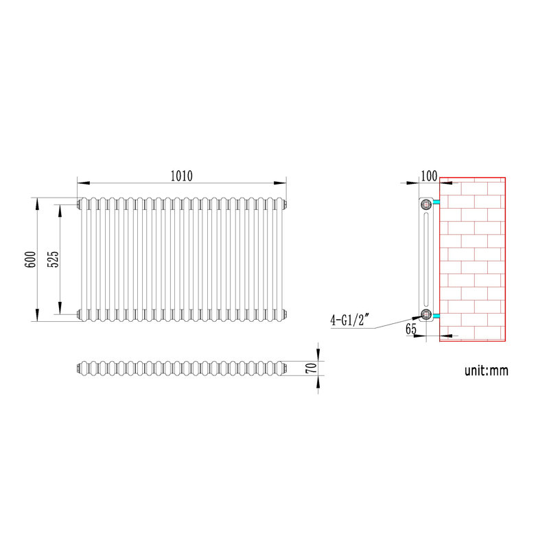 iBathUK Radiator + Angled Valve, 2, Grey, 600cm H x 1010cm W x 70cm D