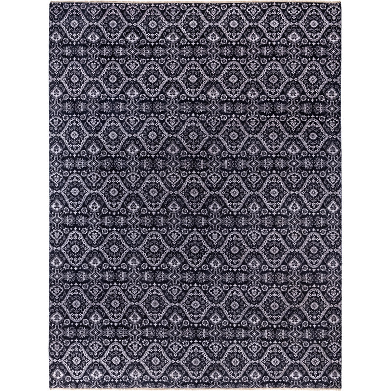 Tapis noir noué à la main de conception unique 9 pi 1 po x 12 pi 1 po Leonard