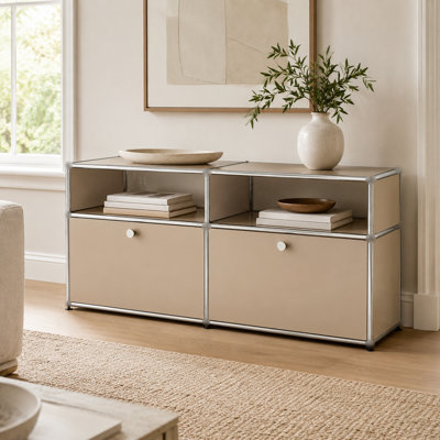 Armoire de rangement moderne avec structure en métal, armoire à 2 portes avec tablettes ouvertes, armoire d'appoint modulaire pour le salon, la chambre à coucher, le vestibule et le bureau, organisateur de maison contemporaine