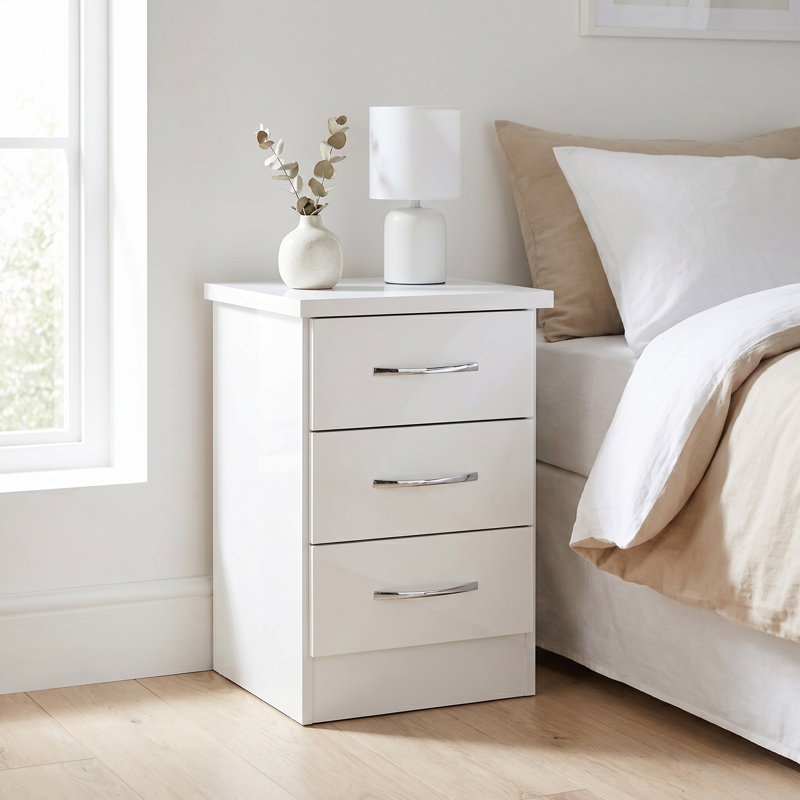 Cascio 3 Drawer Bedside Table, White Gloss
