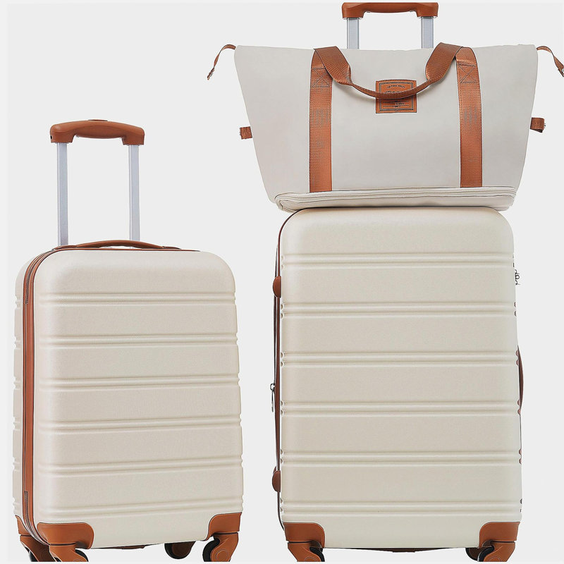 Valise Hardshell 2 pièces + valise à roulettes avec serrure TSA légère 20 po + 24 po, Brown+White