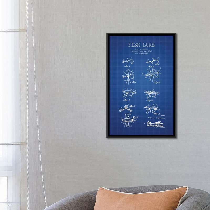 " B.E. Gilmore Fishing Lure Patent Sketch (Blue Grid) " by Aged Pixel, 26" H x 18" W x 1.5" D, Black Framed Canvas, No Mat