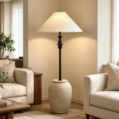 Lampe sur pied en céramique grise et blanche avec abat-jour en tissu conique, grande lampe sur pied rustique pour le salon et la chambre à coucher