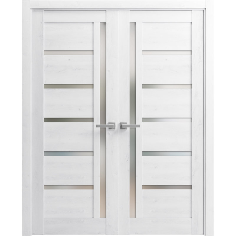 Portes doubles françaises massives en verre dépoli Quadro 4088 Blanc nordique, cadre en bois massif, moulures, portes robustes pour placard ou chambre à coucher, 56 po x 84 po (2 x 28 x 84 po)
