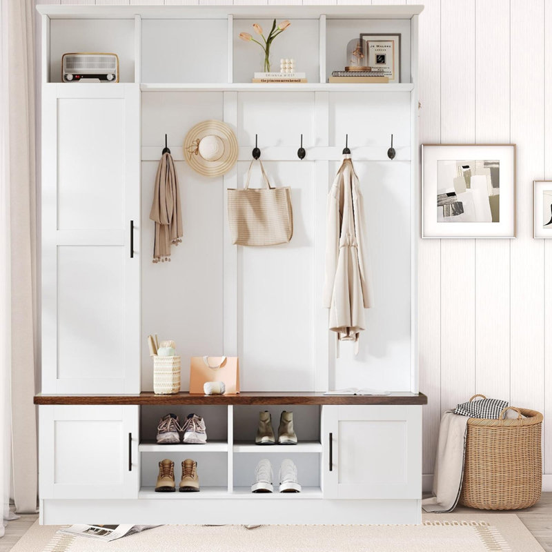 3-In-1 Hall Tree With 6 Hooks,  Storage Bench  Multiple Storage Space, White