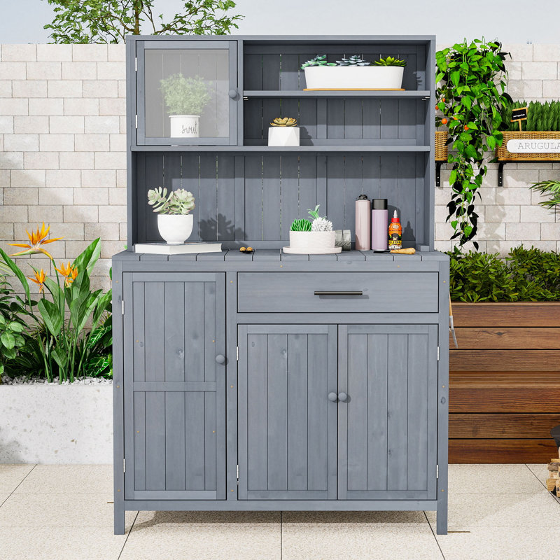 Banc de rempotage en bois avec huche, tablettes réglables, tiroir, support à épices et crochets latéraux, Grey