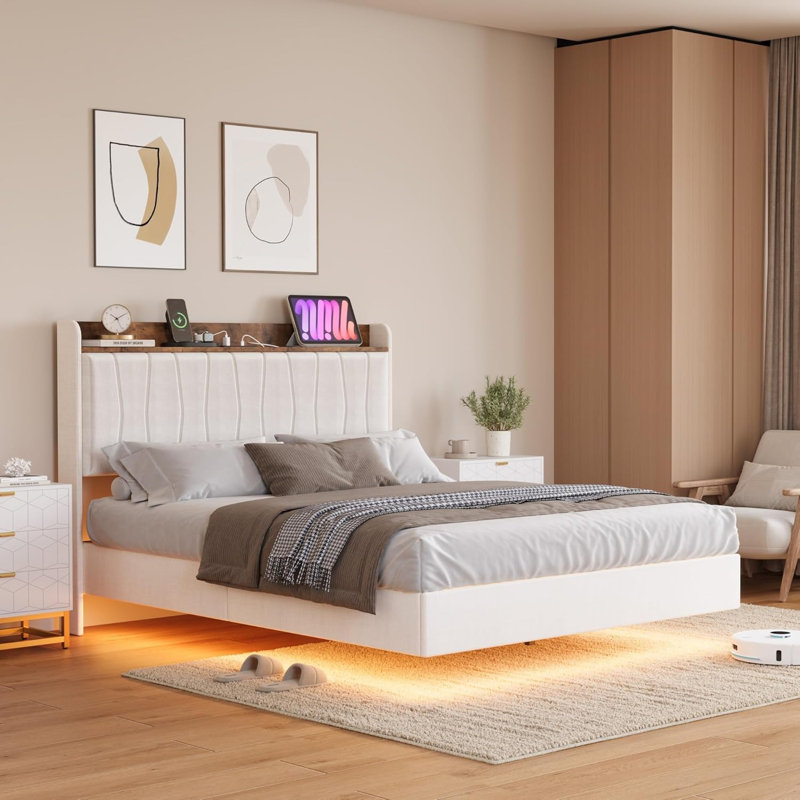 Bed Frame with LED Lights & Charging Station, Upholstered Platform Bed with Storage Headboard, Beige, King