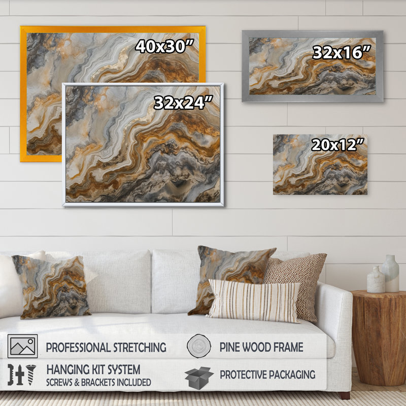 Or et gris effet marbre II - impressions sur toile abstraites en marbre, H 24 po x l 32 po x P 1 po, Cadre flottant doré