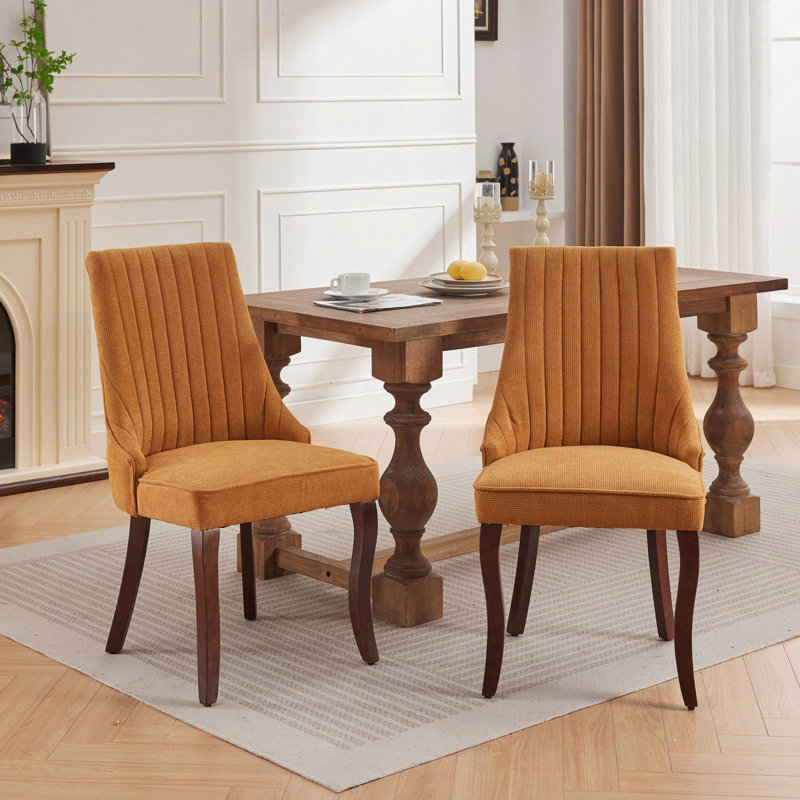 Rayon Cloth Flocking Linen Dining Chairs Channel Kitchen Dinner Chair Comfy Fabric Upholstered Accent Chair For Dining Room With Curved Solid Wood Legs,Set Of 2