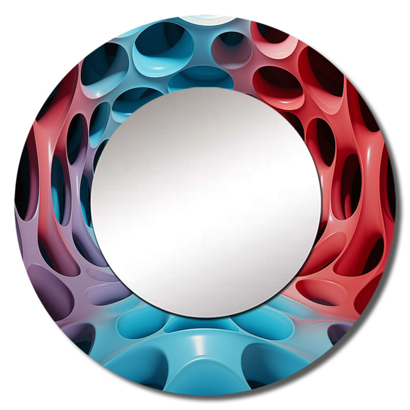 Shaneqwa Op Art bleu et rouge - miroir mural décoratif Op Art, grand miroir rond bleu, impression d'art en métal