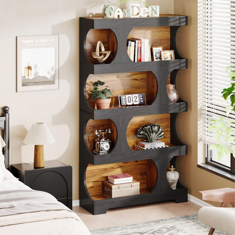 71.26" Tall 4-Tier S-Shaped Black & Brown Modern Freestanding Display Storage Shelf for Living room, Office, Bedroom