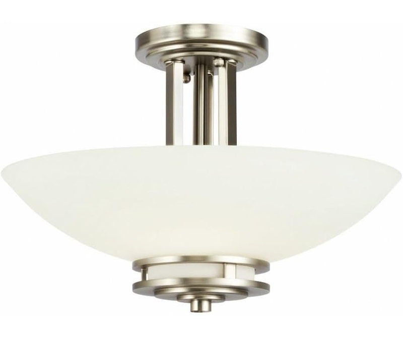 Plafonnier semi-encastré 2 lumières 15 po Kichler Hendrik: verre opale gravé satiné et finition nickel brossé