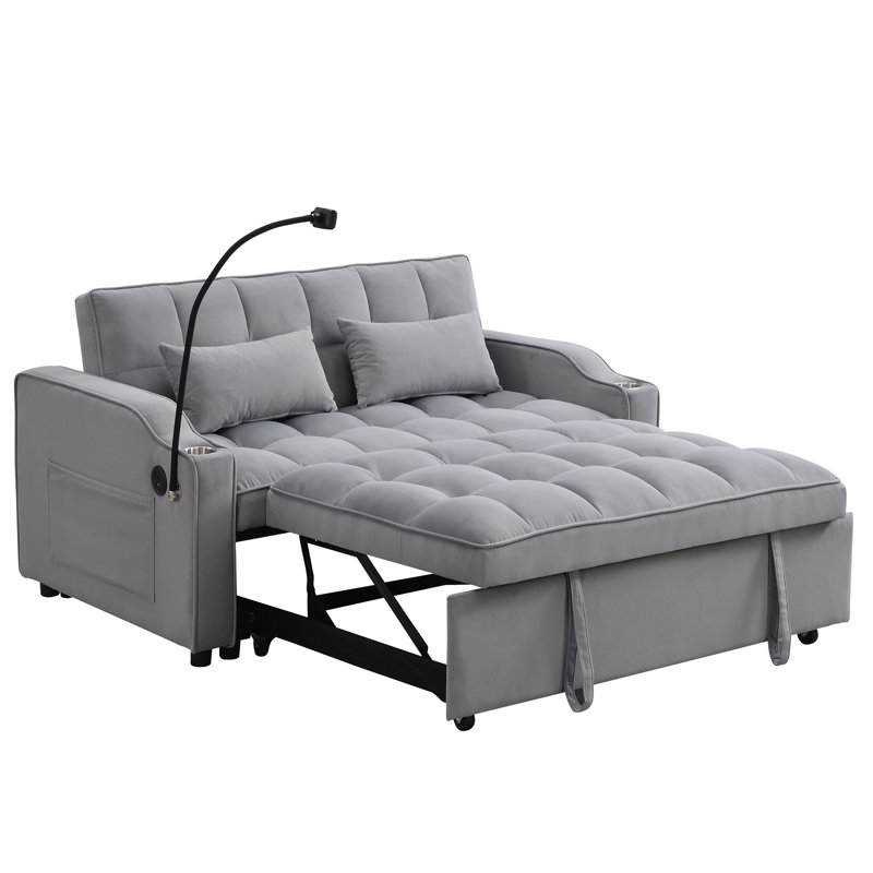 Canapé futon moderne et fonctionnel avec causeuse en velours avec lit escamotable, dossier inclinable réglable, coussins décoratifs, poches, idéal pour le salon