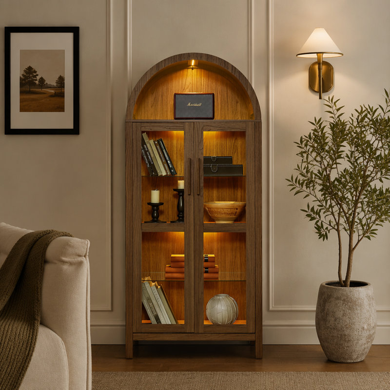 Armoire de rangement arquée moderne rétro avec lumière, vitrine en bois avec cloisons en verre réglables, armoire multifonctionnelle pour la cuisine et l'espace de vie