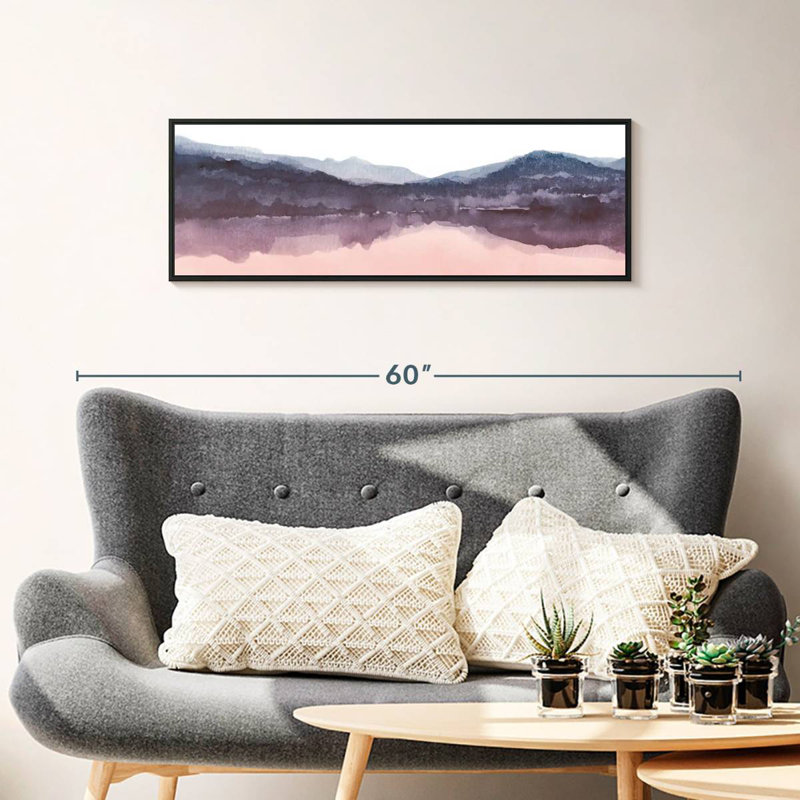 Aquarelle paysage IV rosé indigo III, Cadre flottant noir, 37 po x 13 po