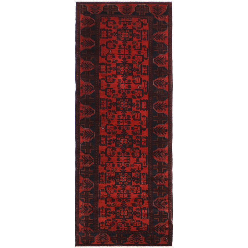 Tapis rouge / noir en laine noué à la main à motif géométrique et oriental 2 pi 10 po x 9 pi 7 po Cremeans