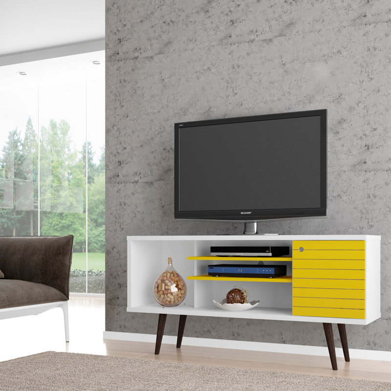 Meuble télé avec tablettes et armoire, Blanc / jaune