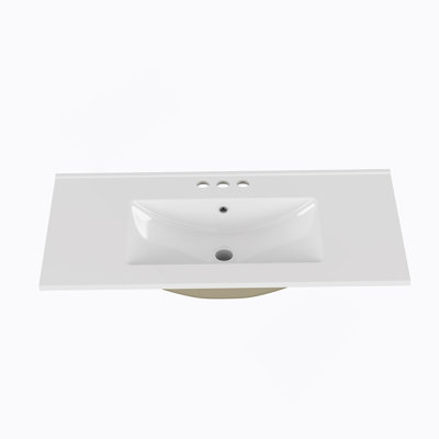 36-Inch White Ceramic Three Holes Bathroom Sink, Fits 36-Inch Vanity,Pre-Drilled Faucet Hole,Modern Minimalist Design,Durable & Easy To Clean