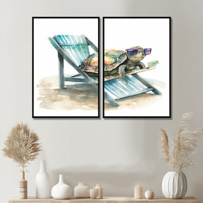 Tortue couchée sur une chaise de plage avec lunettes de soleil II - animaux, impressions sur toile