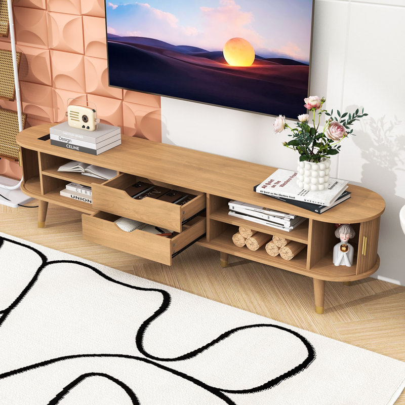 Meuble télé cannelé avec station de charge, portes coulissantes Tambour et 2 tiroirs pour téléviseurs de 80 po ou moins