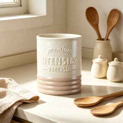 Porte-ustensiles en céramique pour comptoir de cuisine | Organisateur de comptoir de cuisine Farmhouse | Pot à ustensiles en grès pour cuillères, spatules, fouets et pinces | Finition crème matte