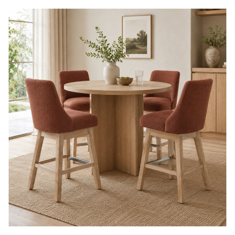 Ensemble de 2 tabourets de bar pivotants, hauteur comptoir 66 cm, avec dossier, revêtus de tissu bouclé, style moderne du milieu du siècle, pieds en bois massif, pour îlot de cuisine, couleur bordeaux.