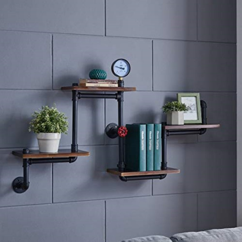 Brown Industrial Rustic Wood Ladder Pipe Wall Shelf