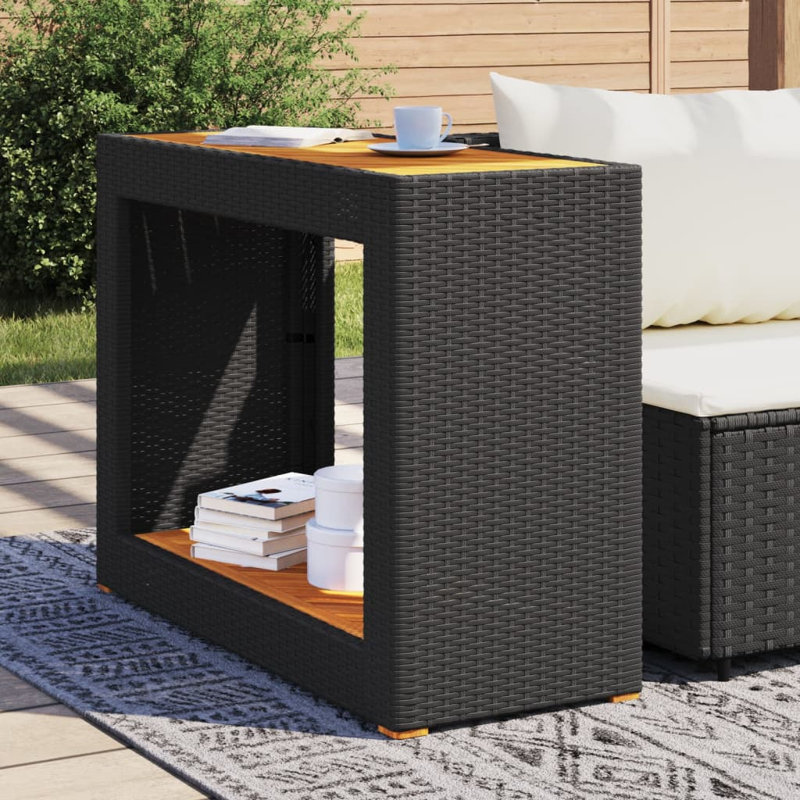 Bungalow Rose Patio Side Table With Wooden Top 39.4"X15.7"X29.5" Poly Rattan, Black