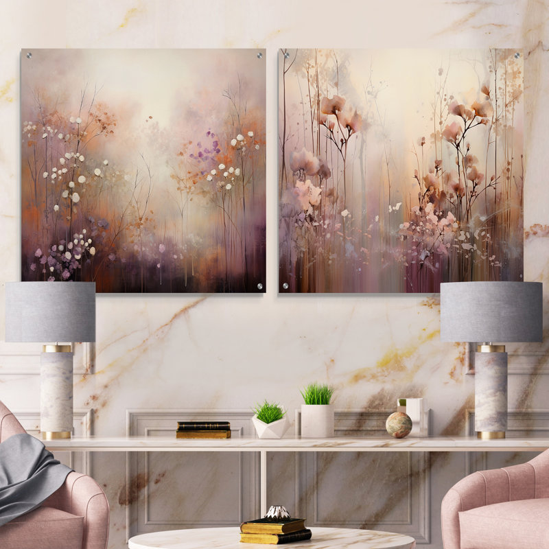 «Beige Botanical Impressions II», ensemble de 2 peintures murales abstraites en acrylique, H 16 po x l 33 po